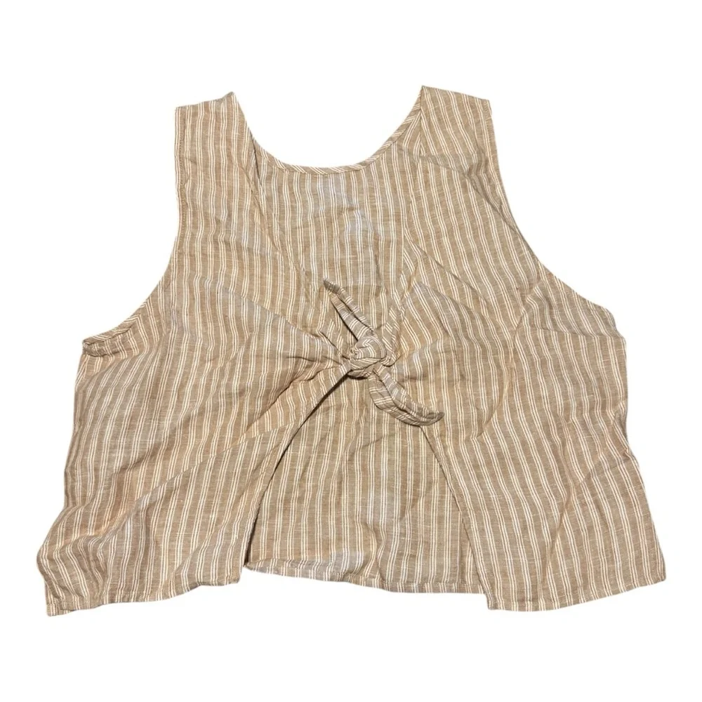 Madewell Beige & White Striped 100% Linen Open Tie Back Tank Top Size 14 - Picture 4 of 9
